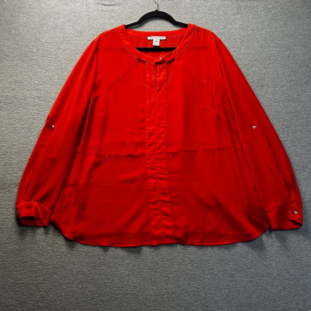 Long Sleeve Blouse Womens 20W Plus Size  Red Roll Tab Flowy Top Forever Audrey